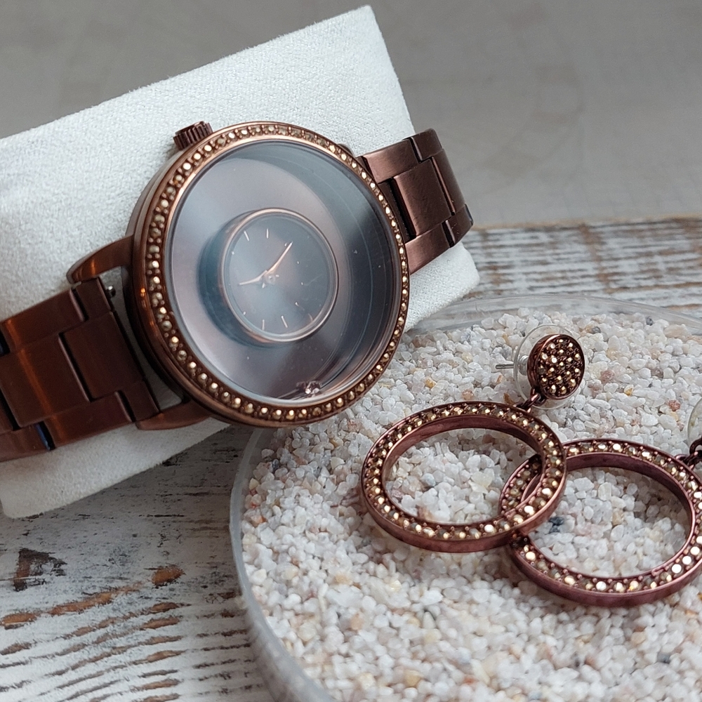 Brown Crystal Origami Owl Watch & Matching Crystal Earrings